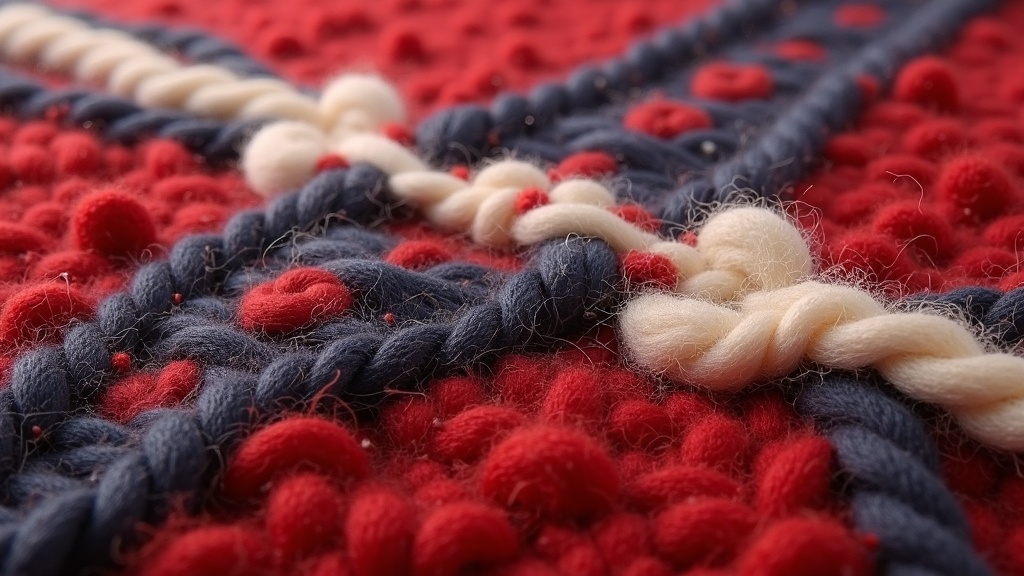 Close-up of geometric latch-hook motif and knot structure in a Caucasian wool rug