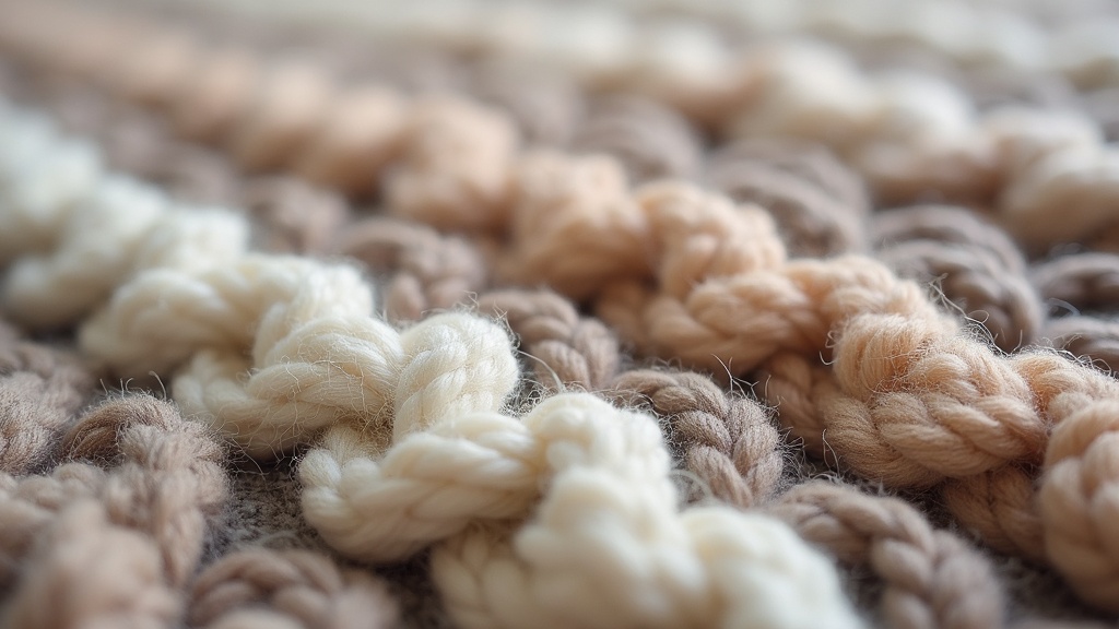 Macro close-up of dyed wool rug pile showing colour and knot structure