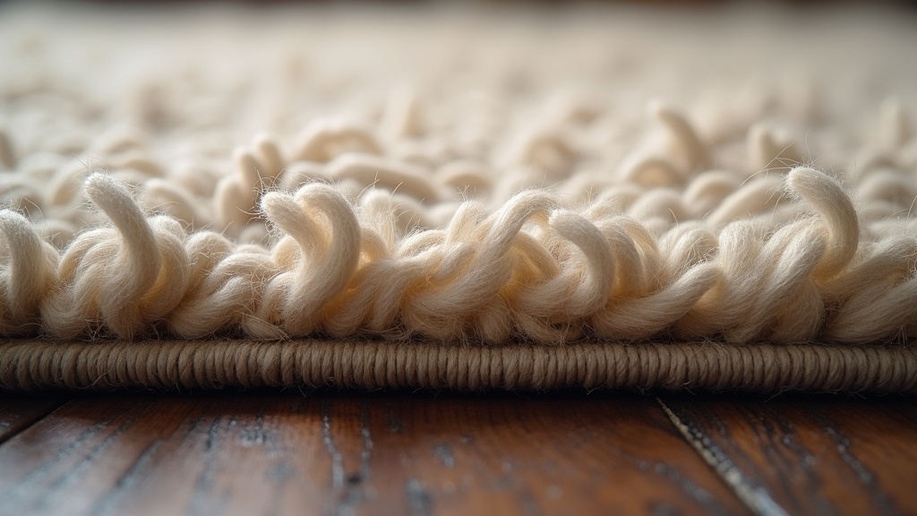 Close-up of wool rug pile texture and sheen used to reflect light in a dark room
