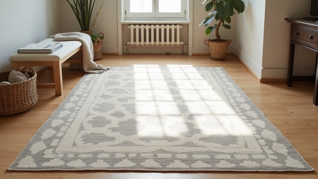 Distressed antique-wash rug with faded pattern on a wooden living room floor
