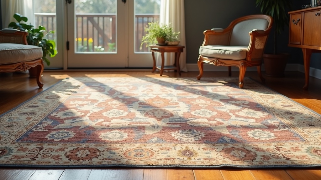 Antique rug with visible wear and patina laid on a wood floor in a living room