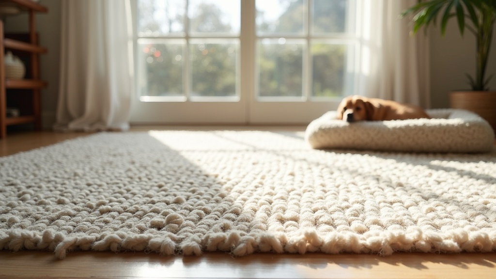Wool rug for a home with pets shown in a sunlit living room