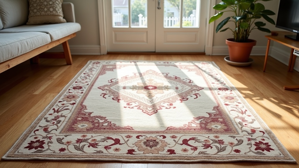 Wool rug in a living room showing how to clean a wool rug without damaging its pile