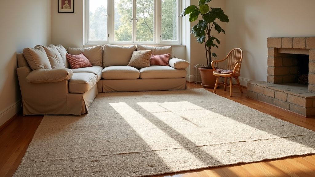 Rectangular rug placed in an irregularly shaped living room to show rug shape versus room shape