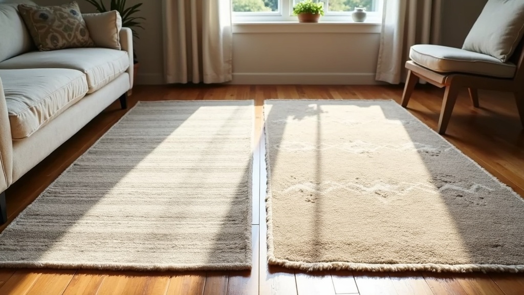 Flatweave rug and pile rug side by side on a wood floor showing construction differences