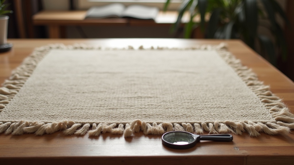 Rug appraisal setup showing a hand-knotted rug being examined with a loupe and measuring tape