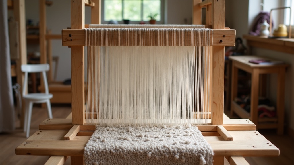 Rug loom with warp threads under tension used for weaving a hand-knotted rug