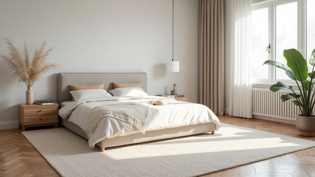Bedroom with a rug showing evenly around a bed frame on three sides