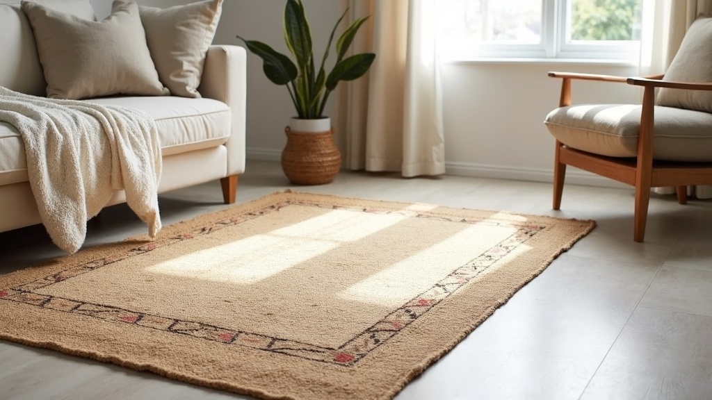Layered rugs in a living room showing correct rug layering proportions with a large jute base and smaller pile rug on top