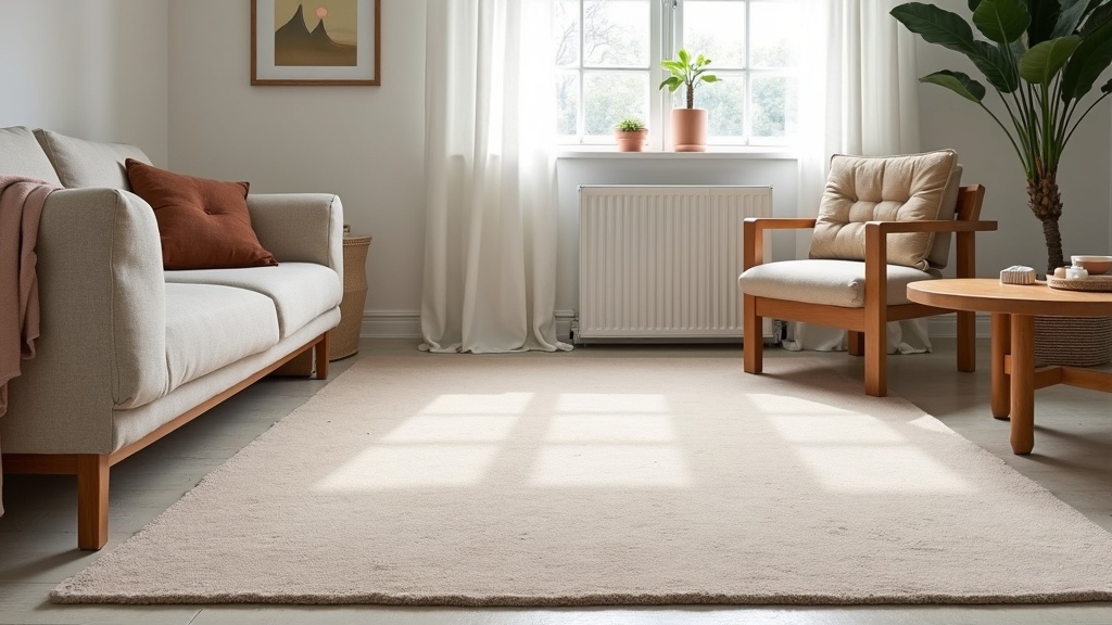 Living room rug size example showing a large area rug positioned under a sofa and coffee table