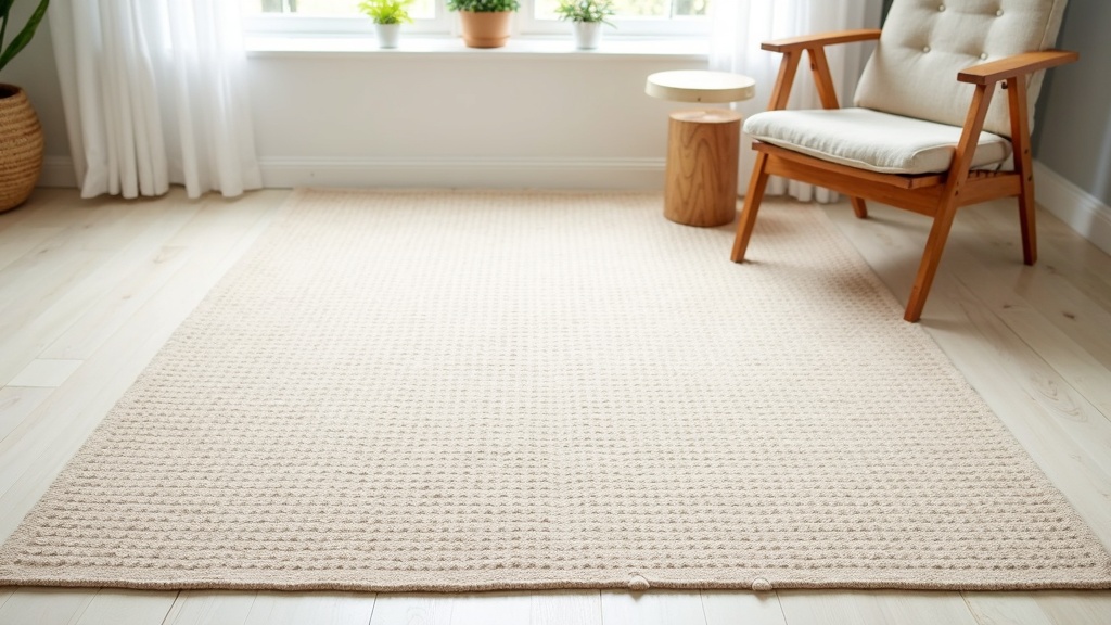 Machine-made rug with uniform pattern lying on a wood floor in a bright living room