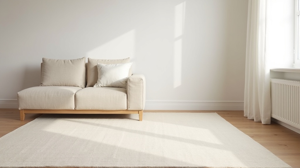 Minimalist living room with a plain cream flatweave rug on light wood flooring