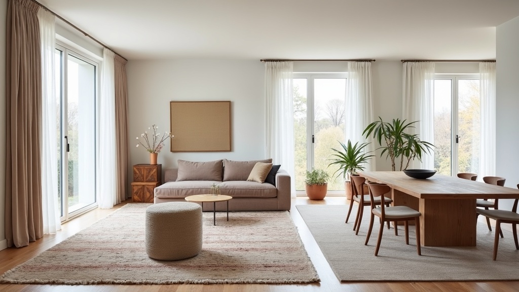 Two rugs used to define separate zones in an open-plan living and dining room