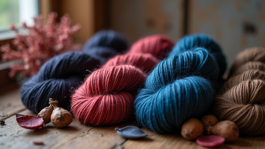 Skeins of naturally dyed wool yarn next to dried plant dye materials used to color rugs