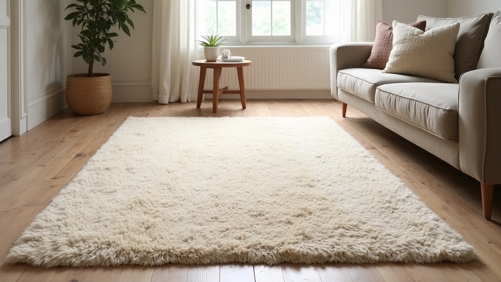 Neutral rug with textured wool pile in a sunlit living room