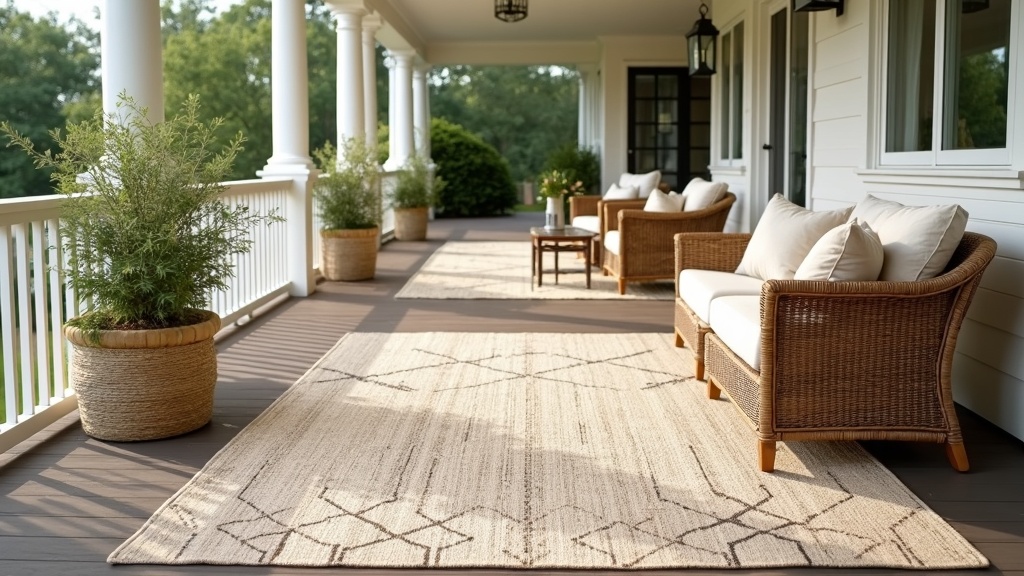 Outdoor rug on a covered porch demonstrating durable weather-resistant flooring