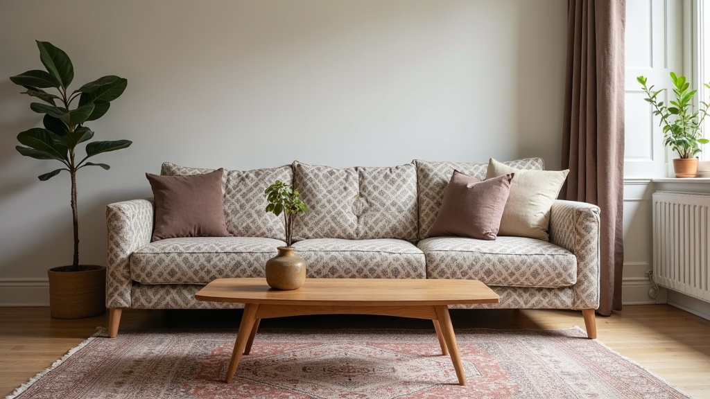 Living room with patterned furniture and a coordinating patterned area rug