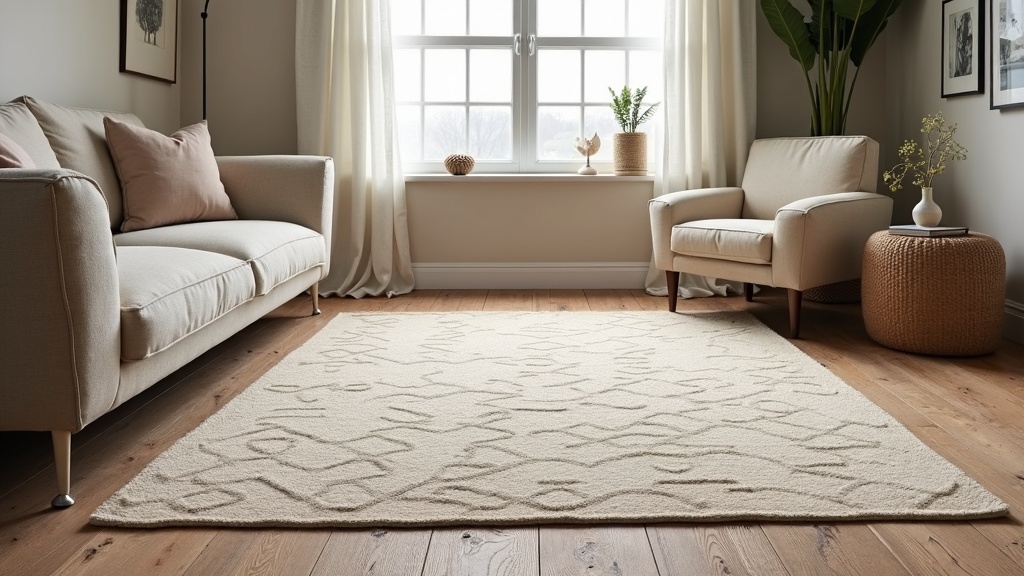 Living room with a patterned area rug and a solid-color sofa showing rug style contrast