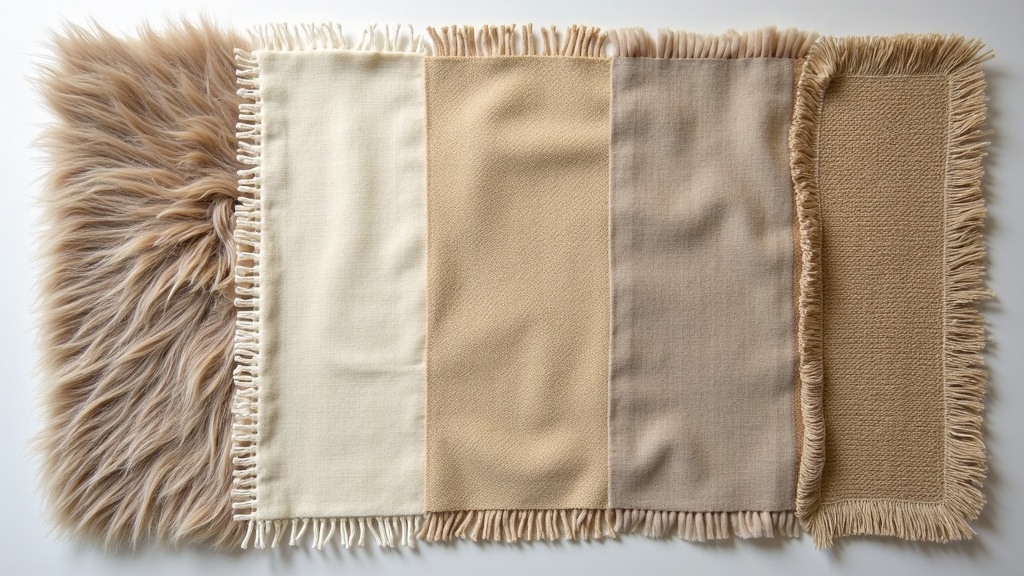 Five rug fibre swatches showing wool, silk, cotton, jute and synthetic pile compared side by side