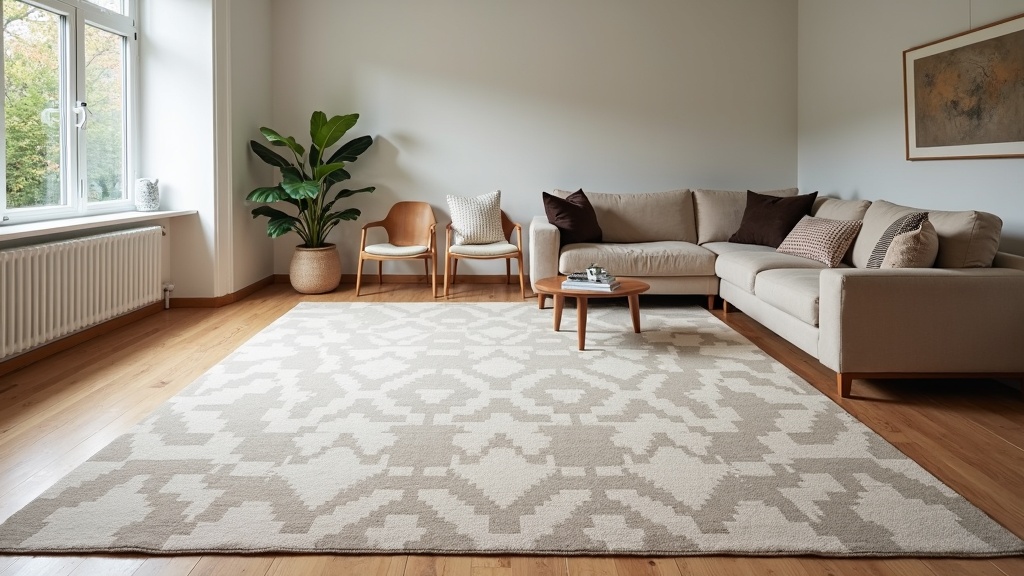 Area rug arranged in an awkwardly shaped room with an angled wall