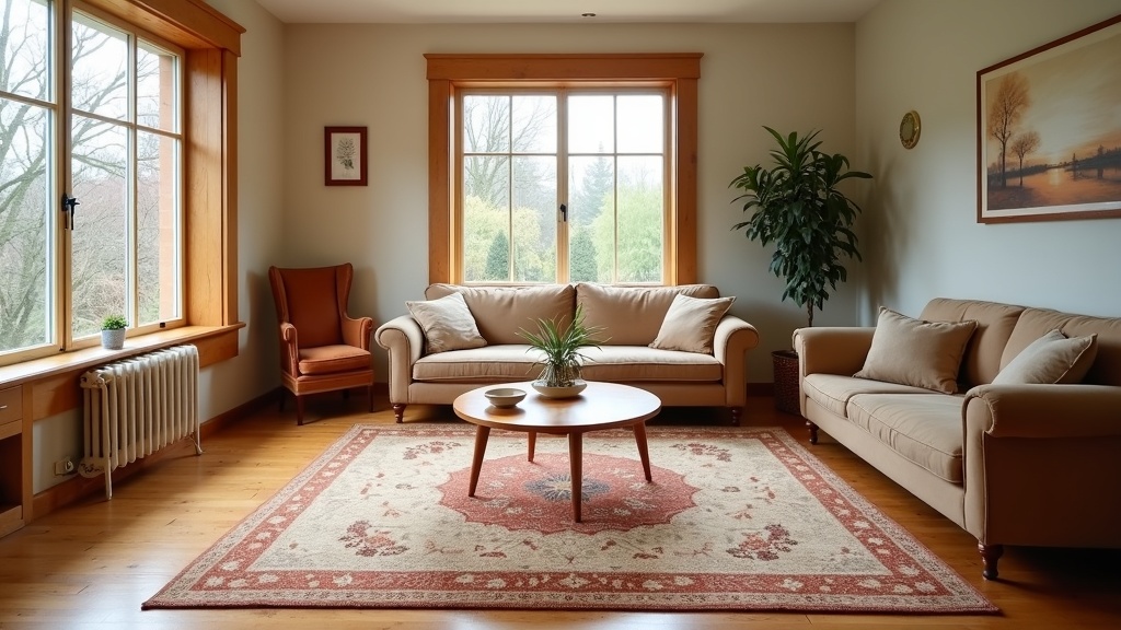 Patterned area rug laid on a warm wood floor in a living room with wood furniture
