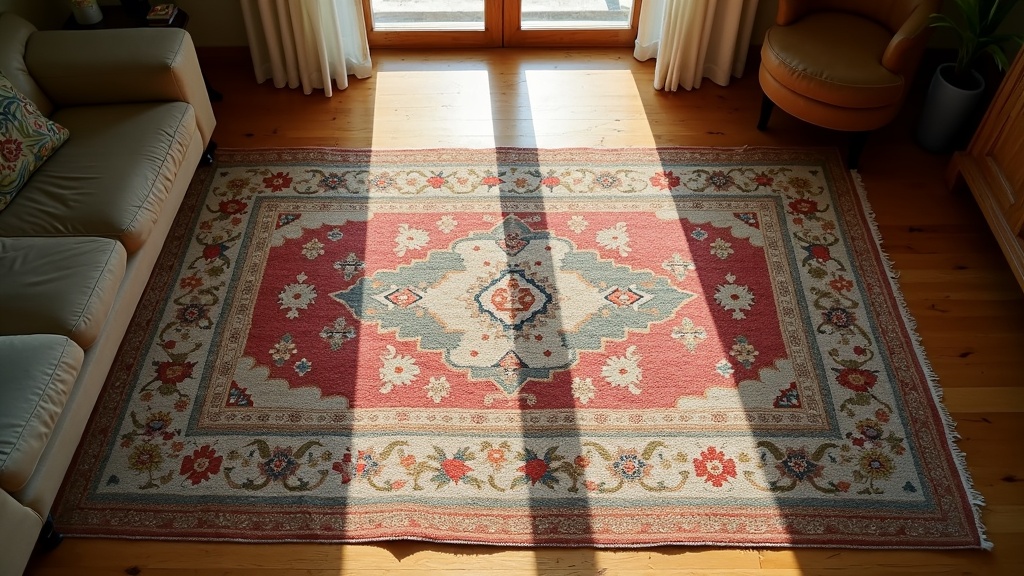 Hand-knotted rug with a central medallion motif on a living room floor
