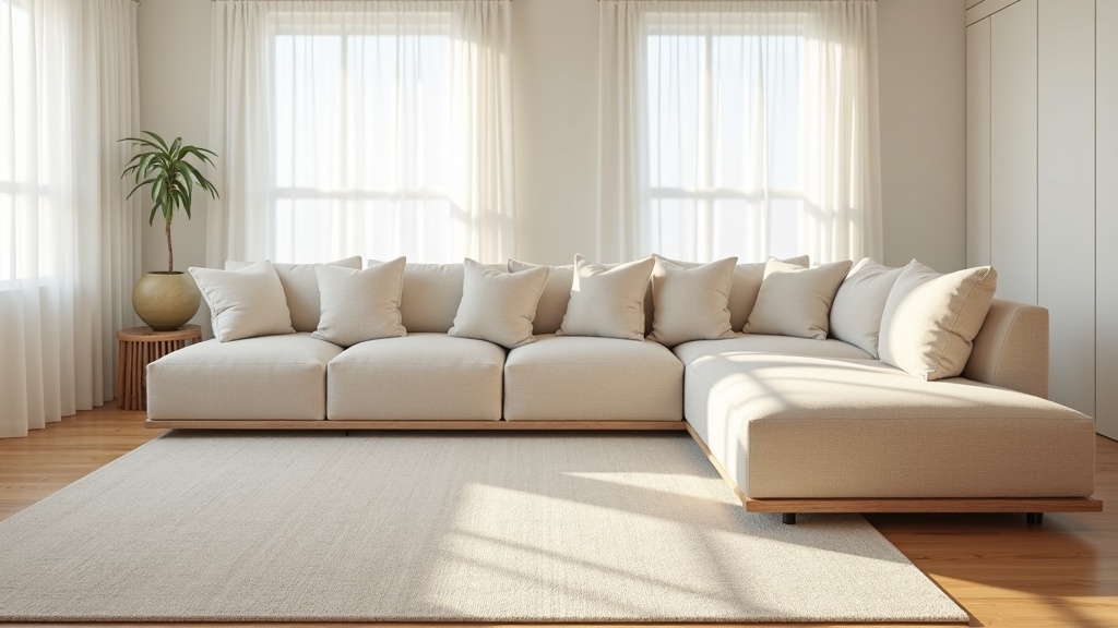 Large sectional sofa positioned on a properly sized area rug showing correct rug placement in a living room