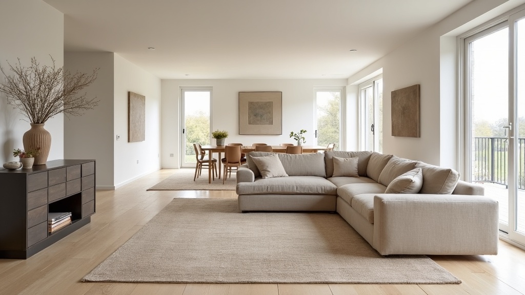 Open-plan living room with rug size chosen to anchor the seating area