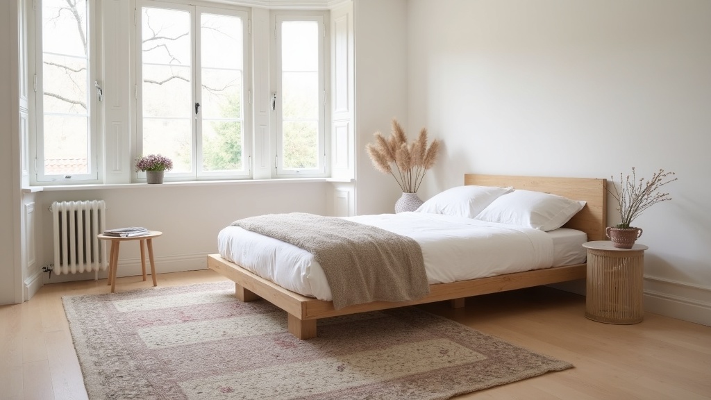 Small bedroom with area rug sized correctly around a low bed frame
