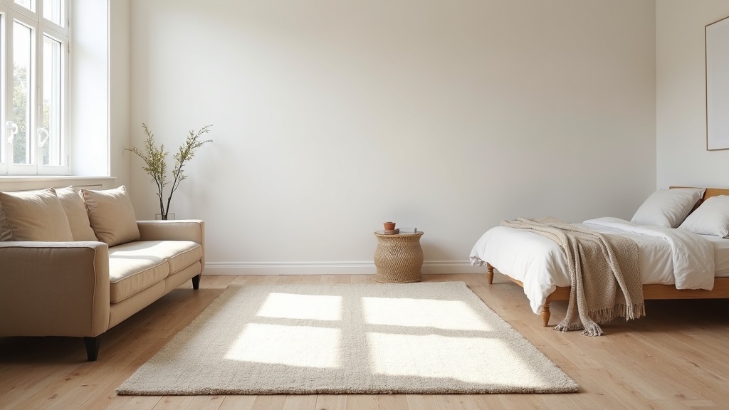 Rug sizes for a studio apartment shown with a large area rug zoning a sofa and bed in one open room