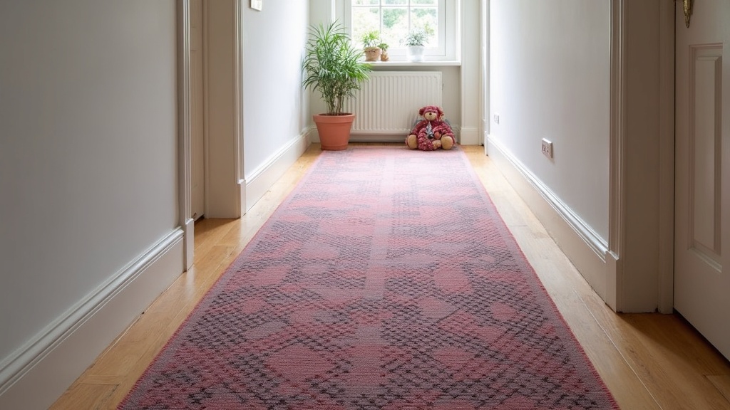 Long runner rug sized correctly for a hallway with even floor border on each side