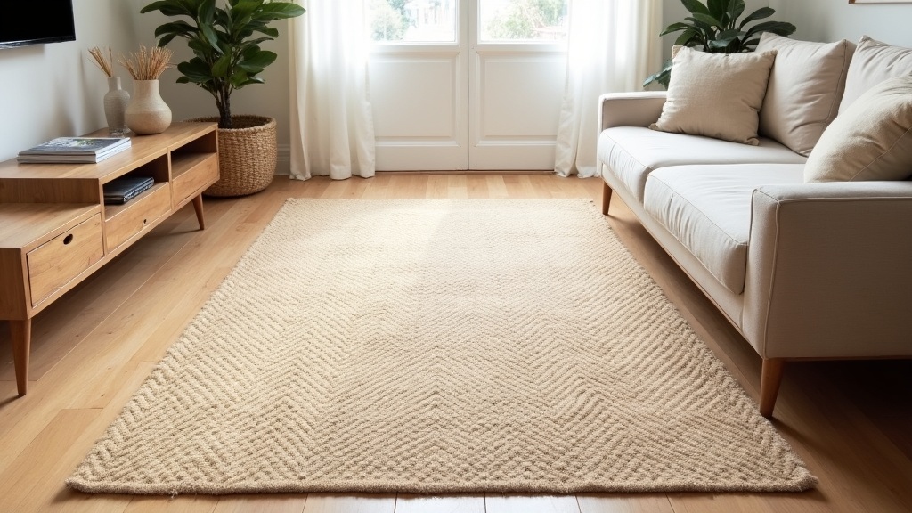 Sisal rug with herringbone weave on a hardwood floor in a bright living room