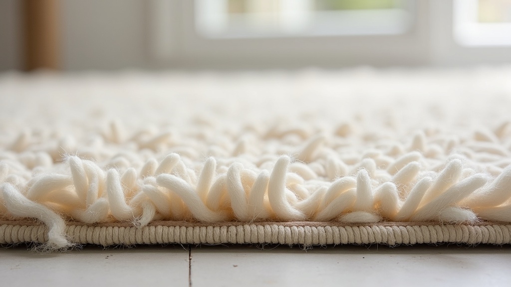 Cross-section close-up of a tufted rug showing pile fibers glued to a latex backing layer