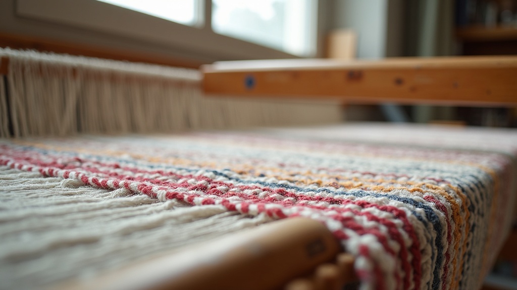 Loom with taut warp threads and knotted wool pile showing rug anatomy