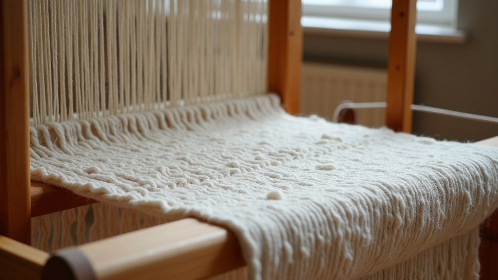 Wooden floor loom with warp threads showing what hand-loomed rug construction looks like