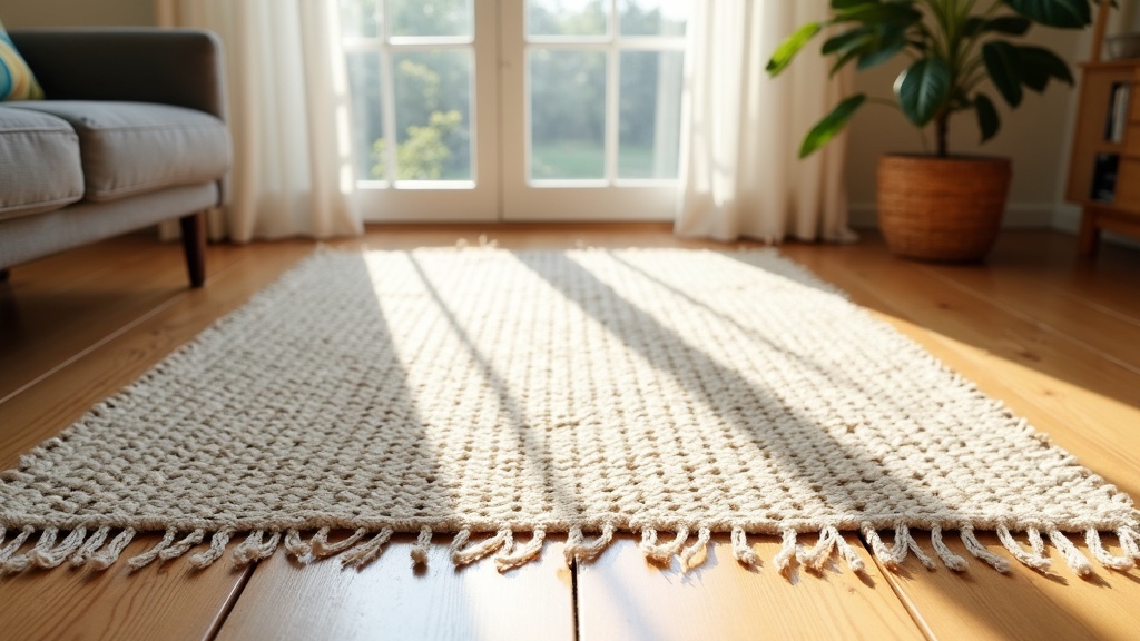 Hand-loomed flatweave rug with geometric pattern lying flat on a wooden floor