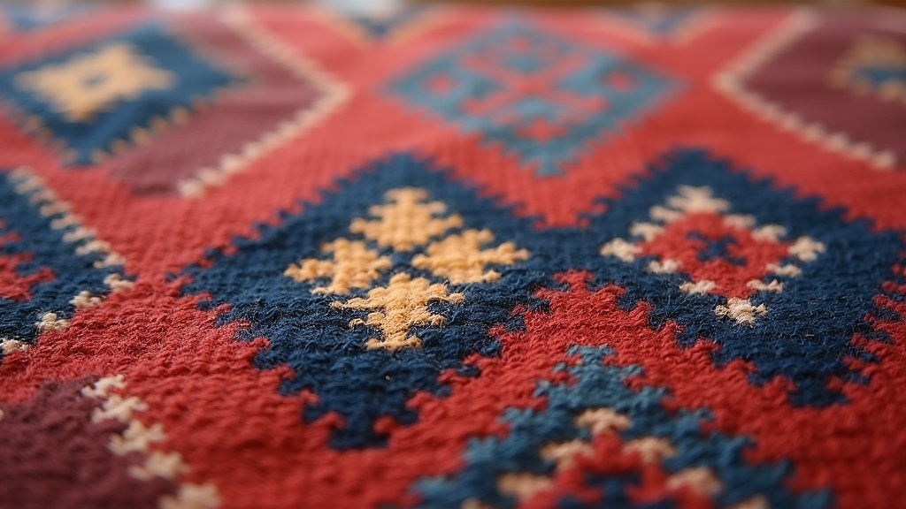 Close-up of a soumak weave rug showing its ridged weft-wrapped surface and geometric pattern