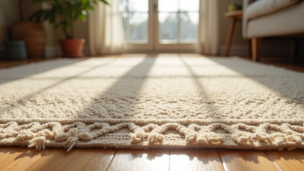 Hand-knotted wool rug in a living room showing dense pile and pattern detail
