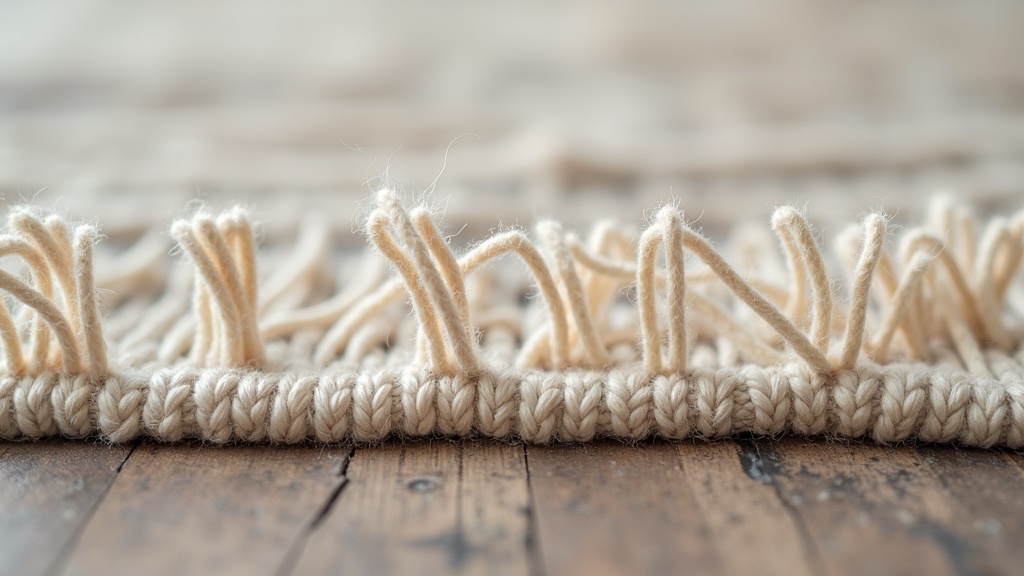 Close-up of rug fringe repair showing overcast stitching on warp threads to stop fraying