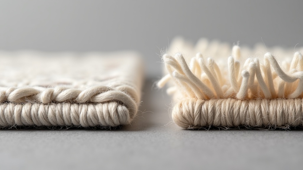 Close-up cross-section of flatweave and cut pile rug construction showing weft threads and yarn tufts