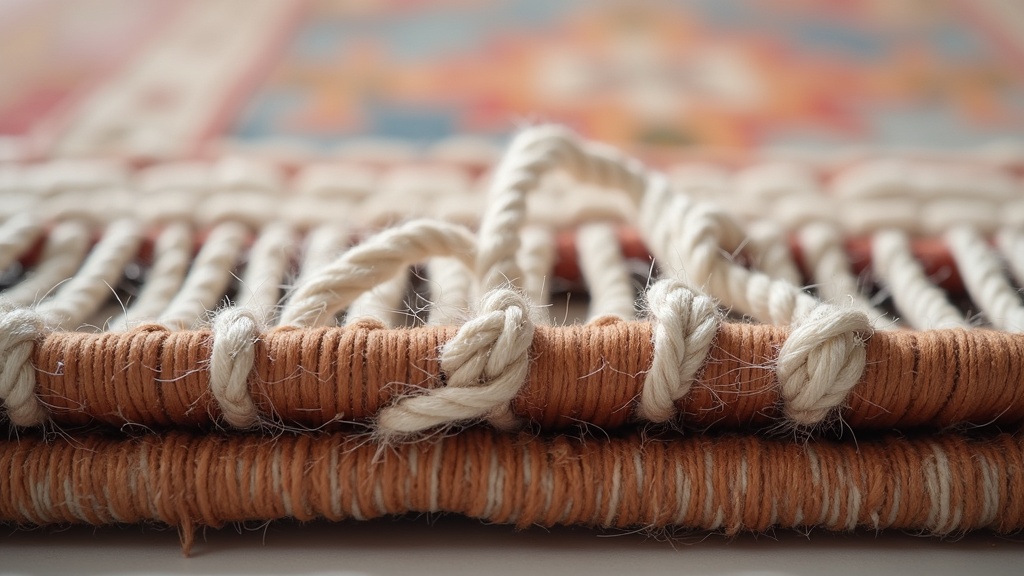 Macro detail of woven rug foundation and knots illustrating machine-made rug construction versus hand-knotted