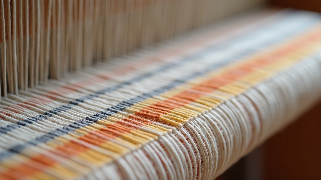 Close-up of warp and weft threads on a rug loom showing pile knots being formed