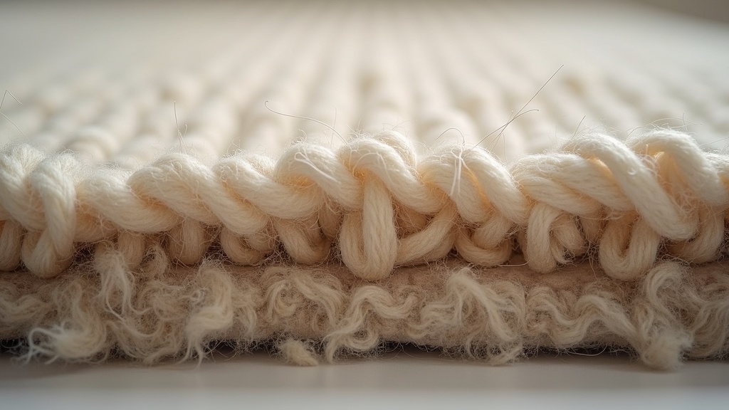 Cross-section close-up of wool rug pile and foundation knots showing construction detail
