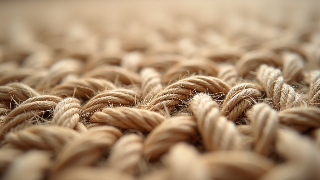 Close-up detail of thick woven jute fiber texture in a natural rug