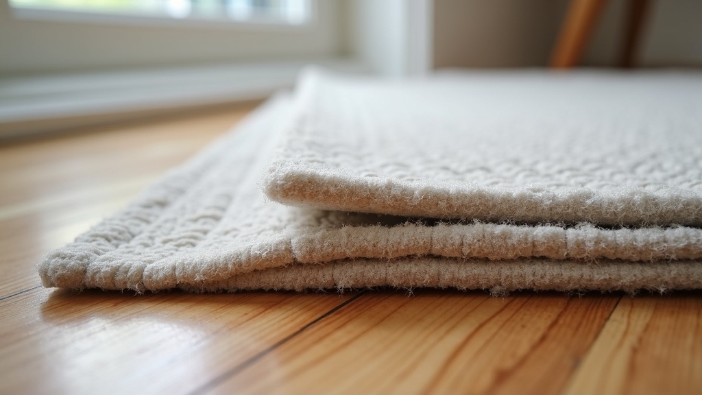 Cross-section detail of a rug pad layered beneath a rug edge on hardwood flooring