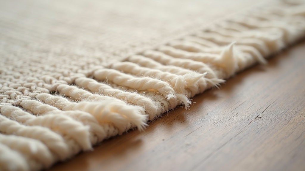Close-up weave detail of a low-pile natural wool rug suited to minimalist rooms