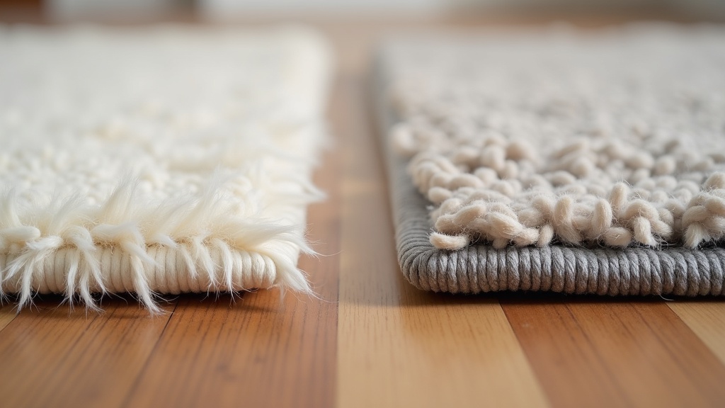 Close-up of contrasting rug pile textures shown side by side for mixing rugs in open-plan spaces