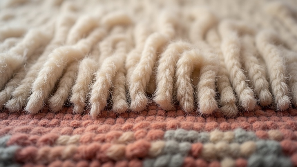 Close-up cross-section of hand-knotted rug pile showing natural dye color variation known as abrash