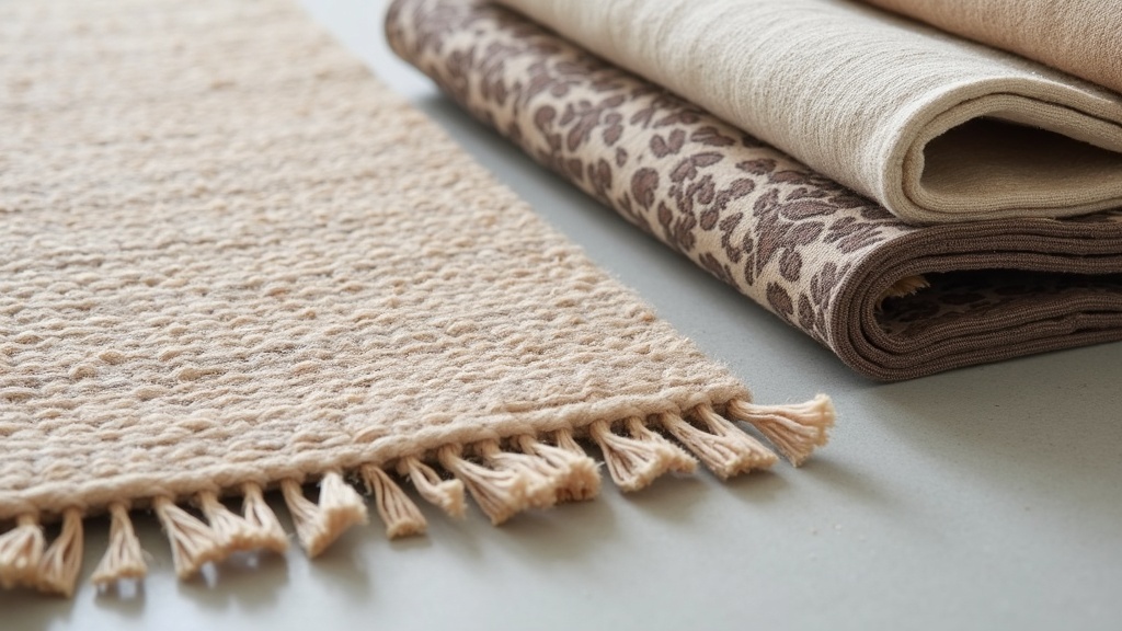 Close-up of rug pile texture beside patterned upholstery fabric showing pattern scale contrast