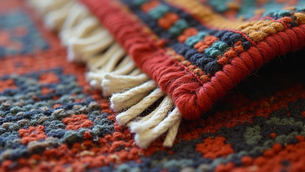 Close-up of rug pile showing sun-faded colour next to protected original dye